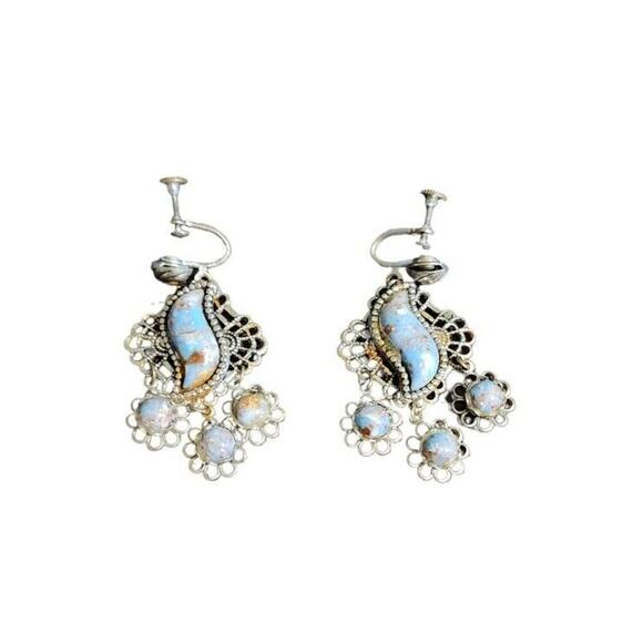 Vintage Screw Back Earrings Blue And Silver Dangle Has FLAW On 1 - Picture 1 of 4